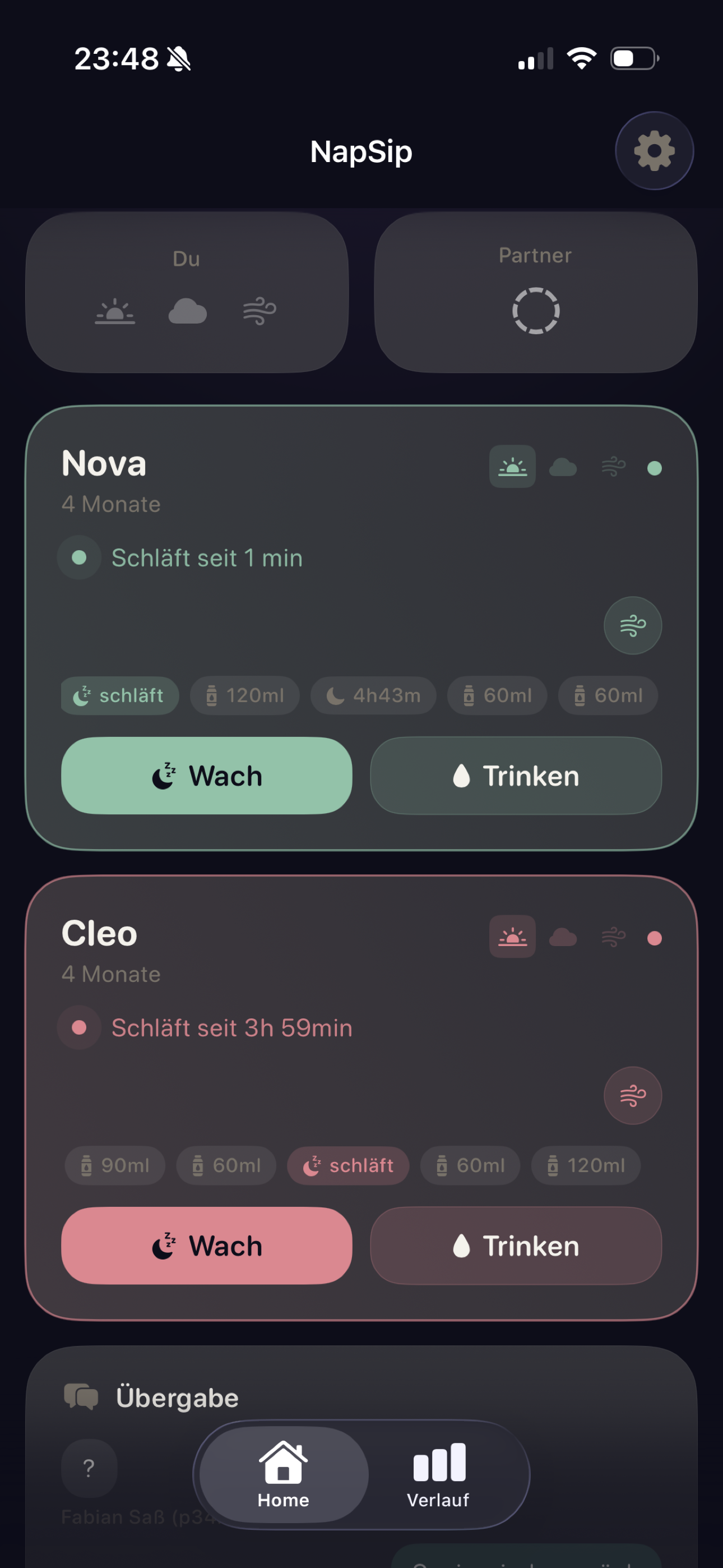 Dashboard mit Quick-Add für jedes Baby