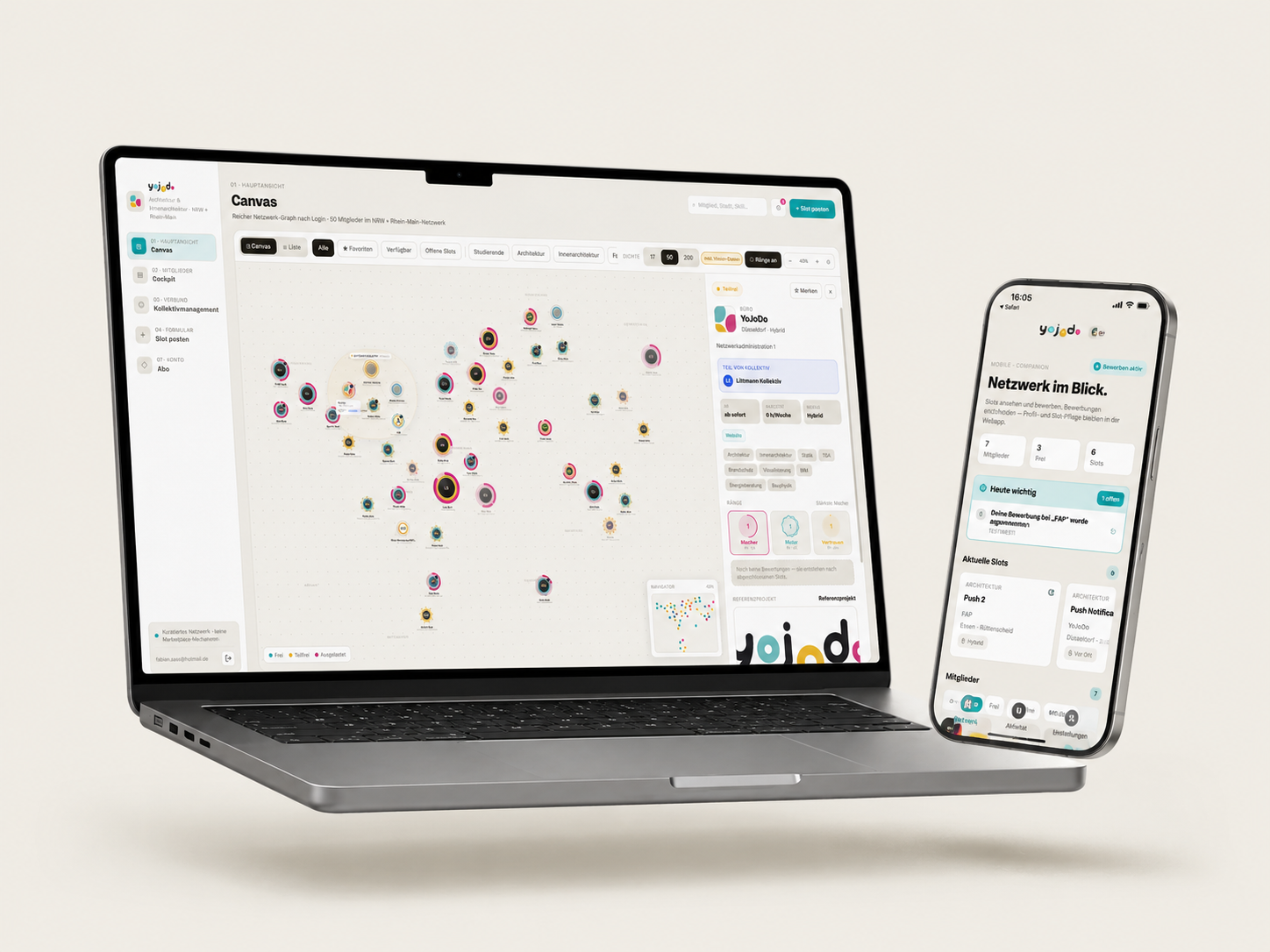 Die Canvas-Hauptansicht in Web-App und Mobile-Companion — kuratierte Mitglieder als Knoten, mit Status, Rängen und offenen Slots.